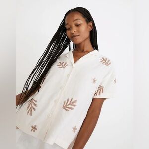 NWT Madewell Leaf Embroidered Camp Shirt - Medium - Ivory w/ Brown Leafs
